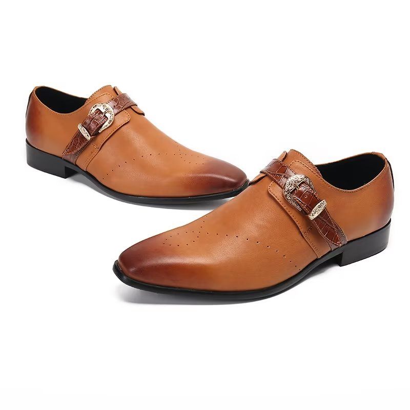 Sapatos Formais Masculinos Monkstraps Elegantes Slip-ons Com Couro Genuíno - Marrom