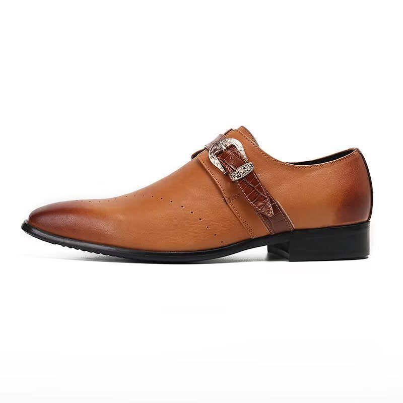 Sapatos Formais Masculinos Monkstraps Elegantes Slip-ons Com Couro Genuíno - Marrom