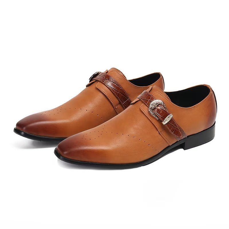 Sapatos Formais Masculinos Monkstraps Elegantes Slip-ons Com Couro Genuíno - Marrom