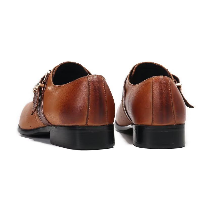 Sapatos Formais Masculinos Monkstraps Elegantes Slip-ons Com Couro Genuíno - Marrom