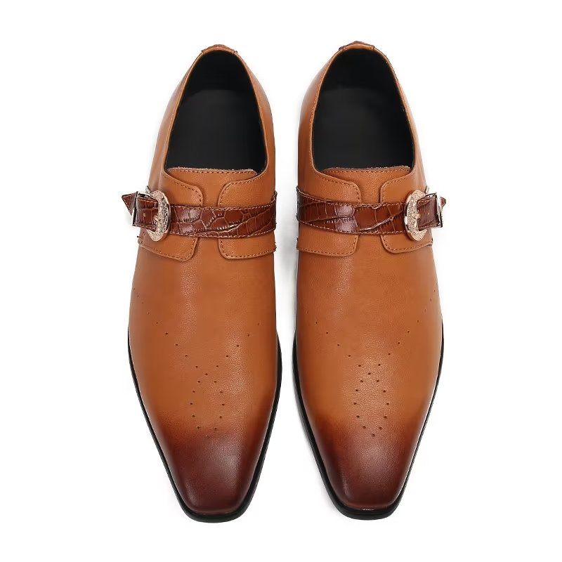 Sapatos Formais Masculinos Monkstraps Elegantes Slip-ons Com Couro Genuíno - Marrom