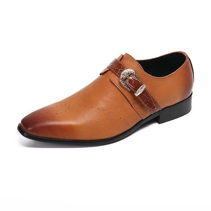 Sapatos Formais Masculinos Monkstraps Elegantes Slip-ons Com Couro Genuíno - Marrom