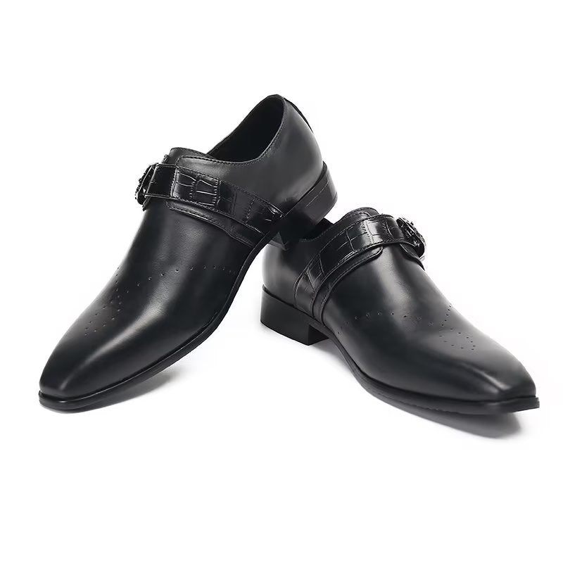 Sapatos Formais Masculinos Monkstraps Elegantes Slip-ons Com Couro Genuíno - Preto