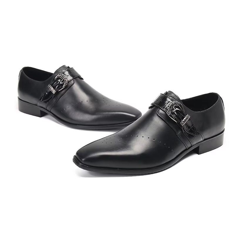 Sapatos Formais Masculinos Monkstraps Elegantes Slip-ons Com Couro Genuíno - Preto