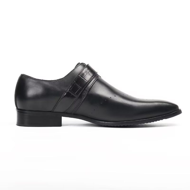 Sapatos Formais Masculinos Monkstraps Elegantes Slip-ons Com Couro Genuíno - Preto