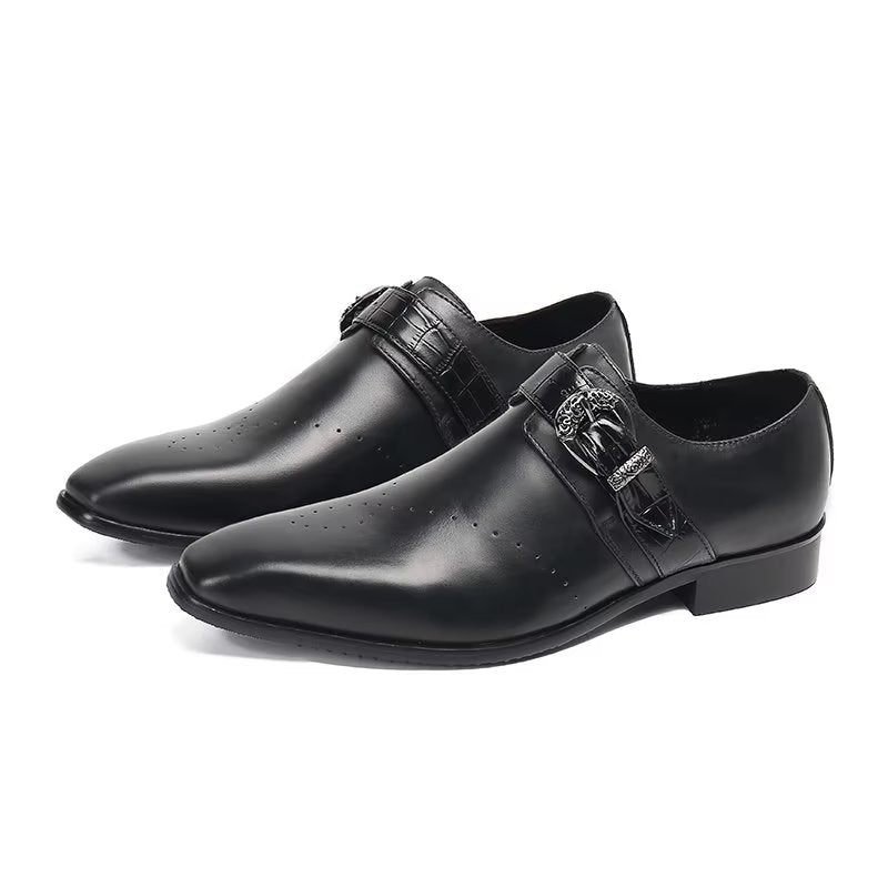 Sapatos Formais Masculinos Monkstraps Elegantes Slip-ons Com Couro Genuíno - Preto