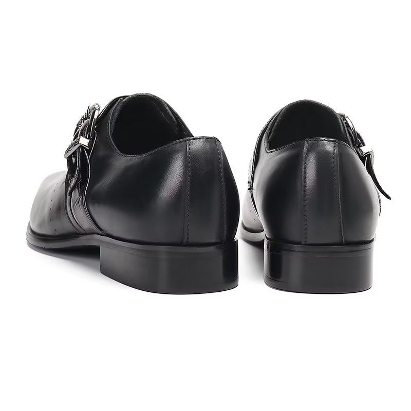 Sapatos Formais Masculinos Monkstraps Elegantes Slip-ons Com Couro Genuíno - Preto