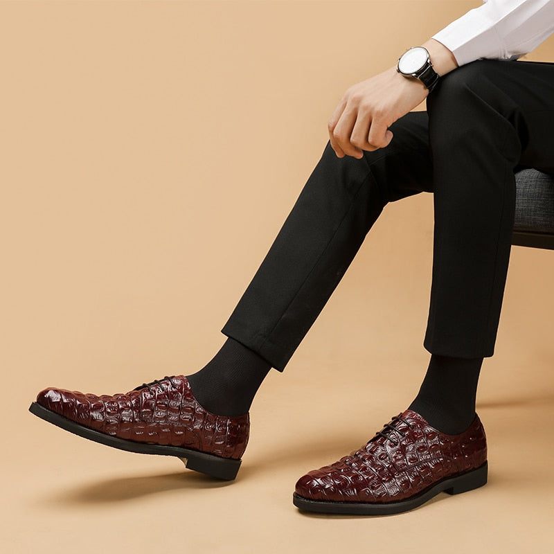 Sapatos Formais Masculinos Opulento Couro Crocodilo Oxford Lace-up Casuais - Vermelho