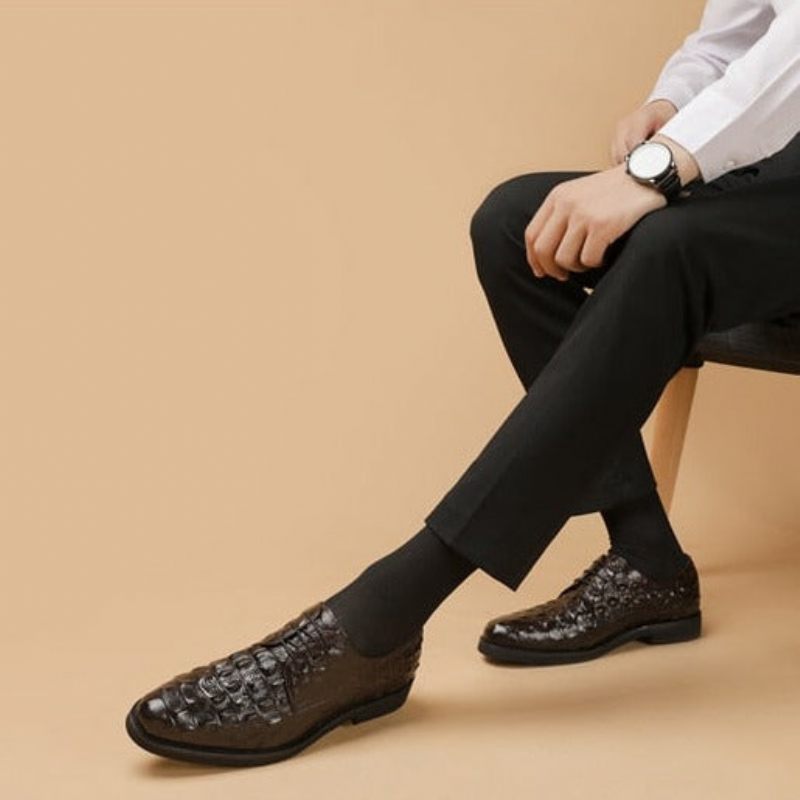 Sapatos Formais Masculinos Opulento Couro Crocodilo Oxford Lace-up Casuais - Café