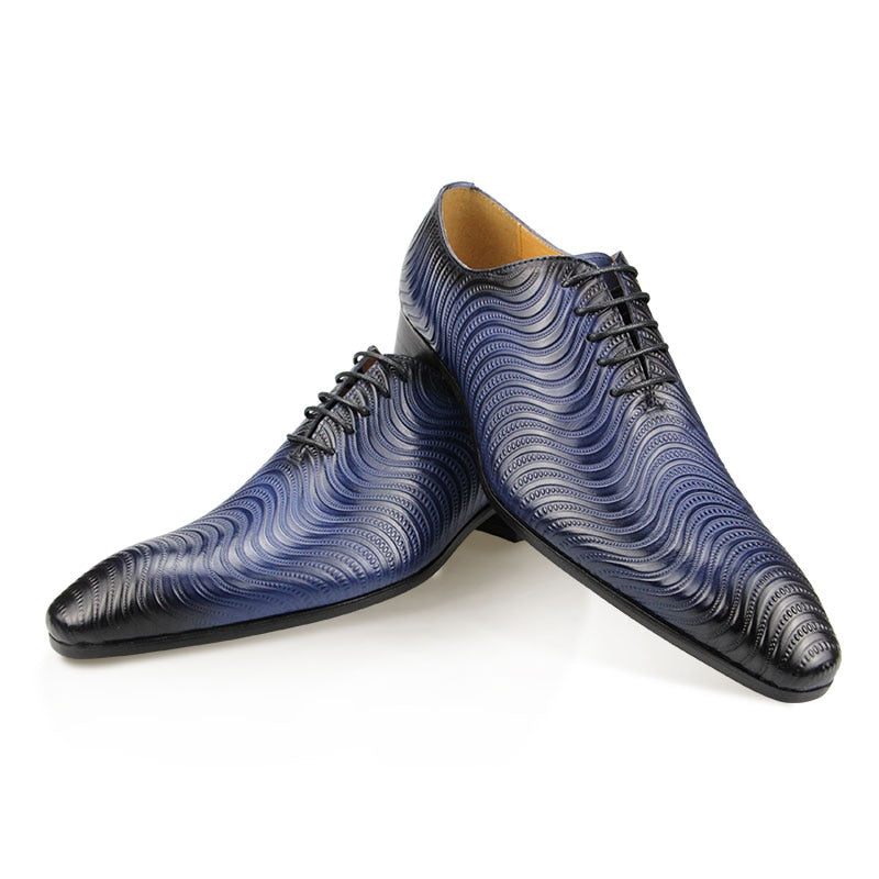 Sapatos Formais Masculinos Opulentos Com Estampa Exótica Bico Fino Oxford - Azul