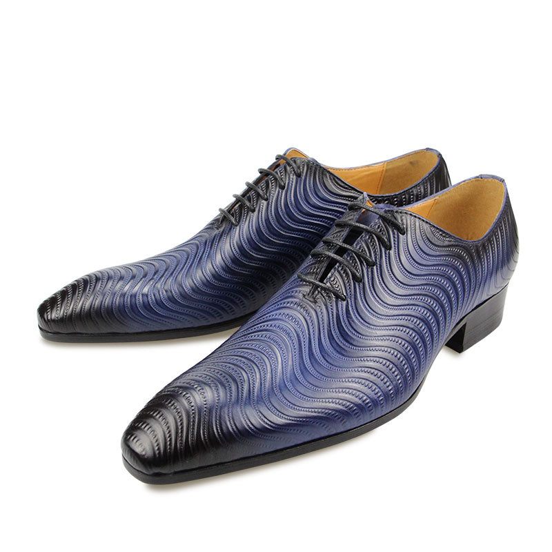 Sapatos Formais Masculinos Opulentos Com Estampa Exótica Bico Fino Oxford - Azul