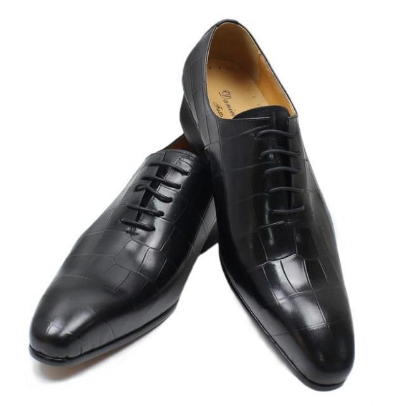 Sapatos Formais Masculinos Opulentos Couro Crocodilo Bico Fino Oxford - Preto