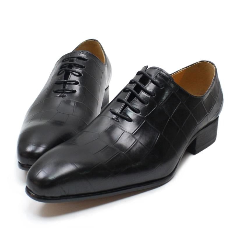 Sapatos Formais Masculinos Opulentos Couro Crocodilo Bico Fino Oxford - Preto