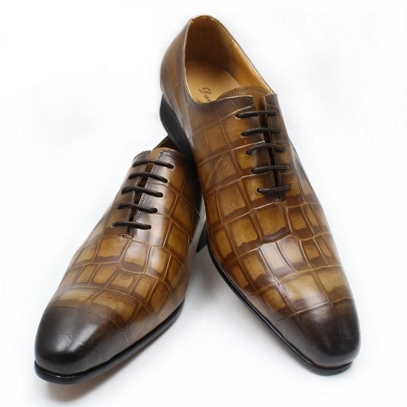 Sapatos Formais Masculinos Opulentos Couro Crocodilo Bico Fino Oxford - Café