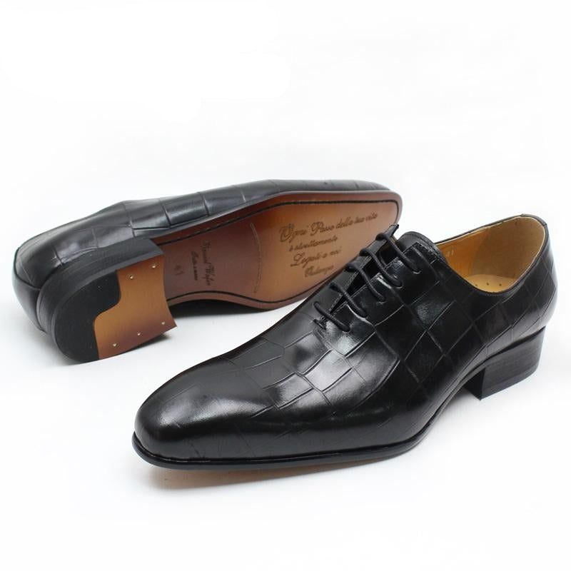 Sapatos Formais Masculinos Opulentos Couro Crocodilo Bico Fino Oxford - Preto