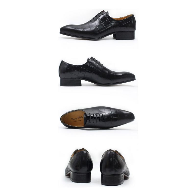 Sapatos Formais Masculinos Opulentos Couro Crocodilo Bico Fino Oxford - Preto