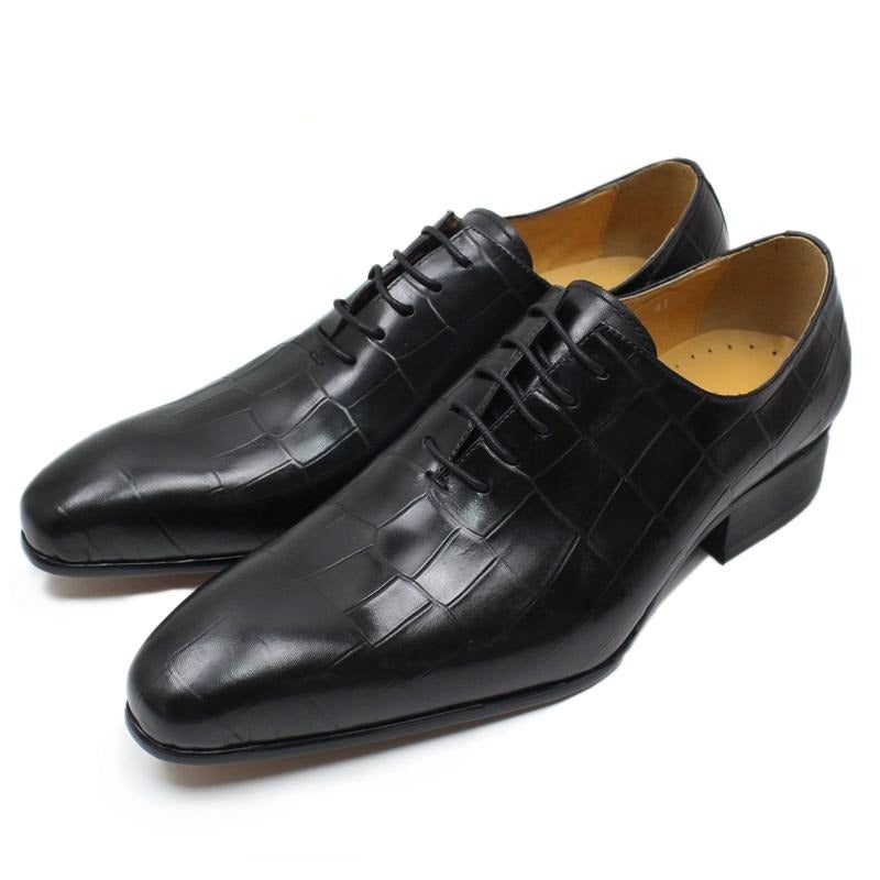 Sapatos Formais Masculinos Opulentos Couro Crocodilo Bico Fino Oxford - Preto