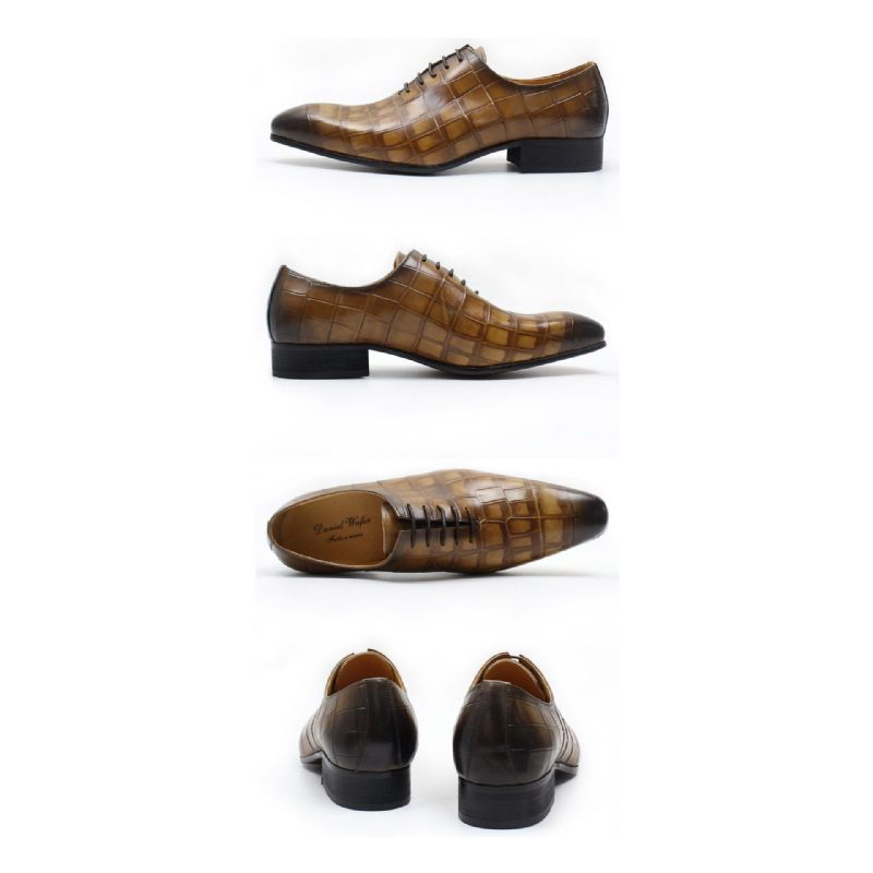 Sapatos Formais Masculinos Opulentos Couro Crocodilo Bico Fino Oxford - Café