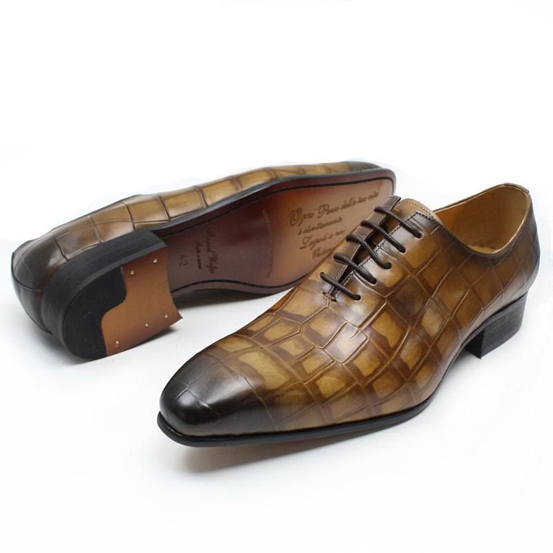 Sapatos Formais Masculinos Opulentos Couro Crocodilo Bico Fino Oxford - Café