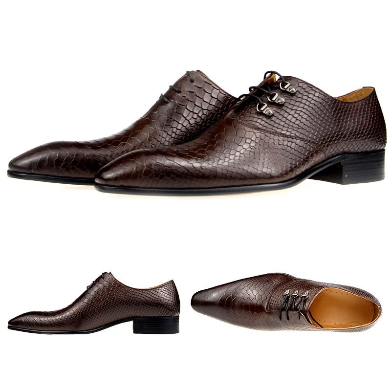 Sapatos Formais Masculinos Opulentos Crocprint Dedo Apontado Oxford - Café