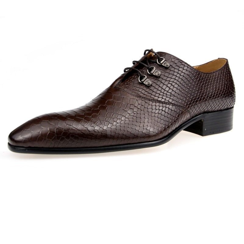 Sapatos Formais Masculinos Opulentos Crocprint Dedo Apontado Oxford - Café