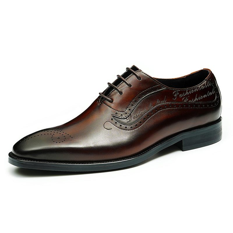 Sapatos Formais Masculinos Opulentos Esculpidos Brogue Biqueira Pontuda Com Cadarços - Café