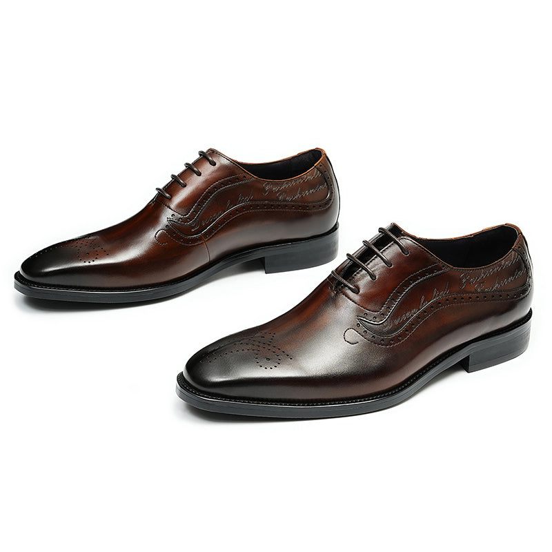 Sapatos Formais Masculinos Opulentos Esculpidos Brogue Biqueira Pontuda Com Cadarços - Café