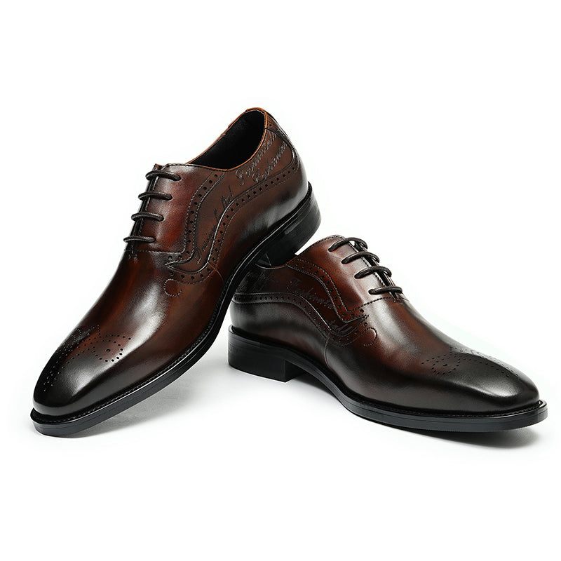 Sapatos Formais Masculinos Opulentos Esculpidos Brogue Biqueira Pontuda Com Cadarços - Café