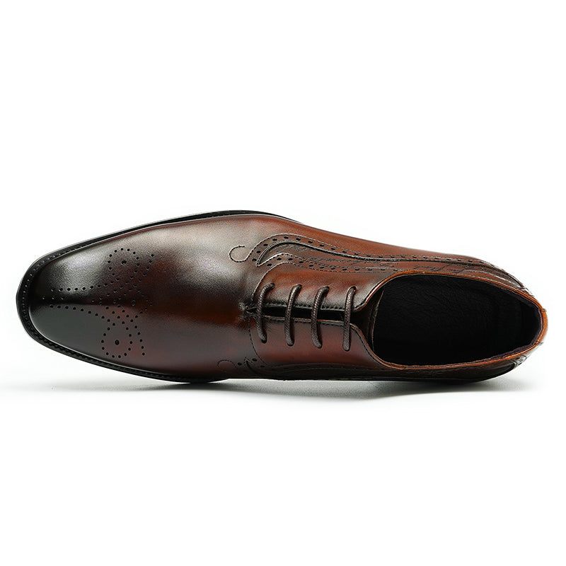 Sapatos Formais Masculinos Opulentos Esculpidos Brogue Biqueira Pontuda Com Cadarços - Café