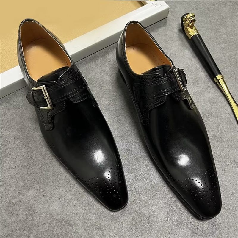 Sapatos Formais Masculinos Opulentos Sociais Couro Genuíno Com Bico Fino - Preto2