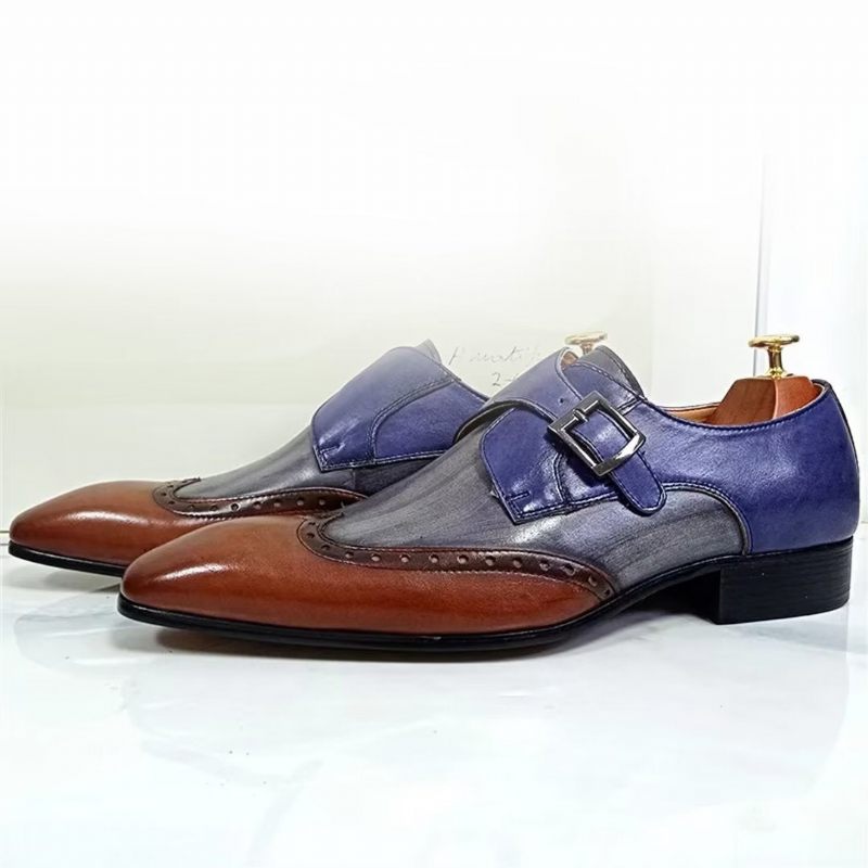 Sapatos Formais Masculinos Opulentos Sociais Couro Genuíno Com Bico Fino - Azul