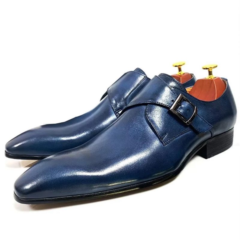 Sapatos Formais Masculinos Opulentos Sociais Couro Genuíno Com Bico Fino - Azul Escuro