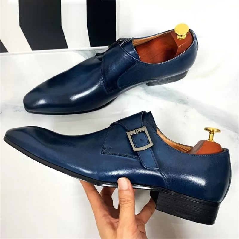 Sapatos Formais Masculinos Opulentos Sociais Couro Genuíno Com Bico Fino - Azul Escuro