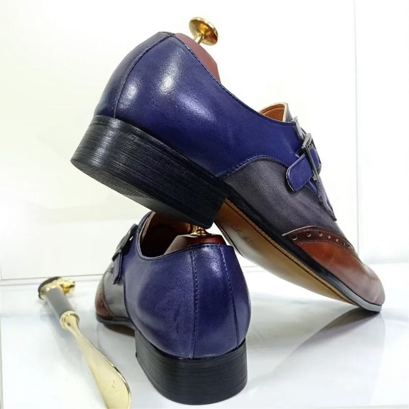 Sapatos Formais Masculinos Opulentos Sociais Couro Genuíno Com Bico Fino - Azul Escuro