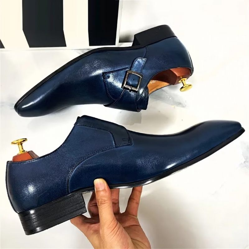 Sapatos Formais Masculinos Opulentos Sociais Couro Genuíno Com Bico Fino - Azul Escuro