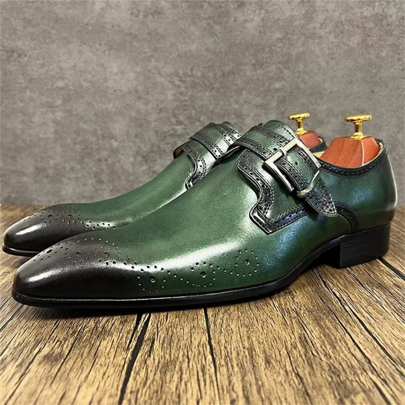 Sapatos Formais Masculinos Opulentos Sociais Couro Genuíno Com Bico Fino - Verde