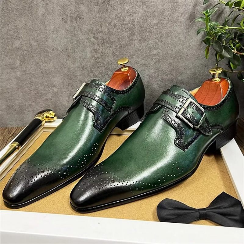 Sapatos Formais Masculinos Opulentos Sociais Couro Genuíno Com Bico Fino - Verde