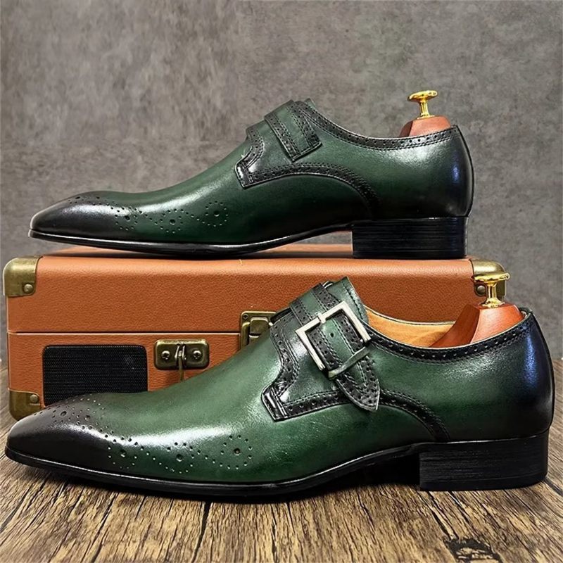 Sapatos Formais Masculinos Opulentos Sociais Couro Genuíno Com Bico Fino - Verde