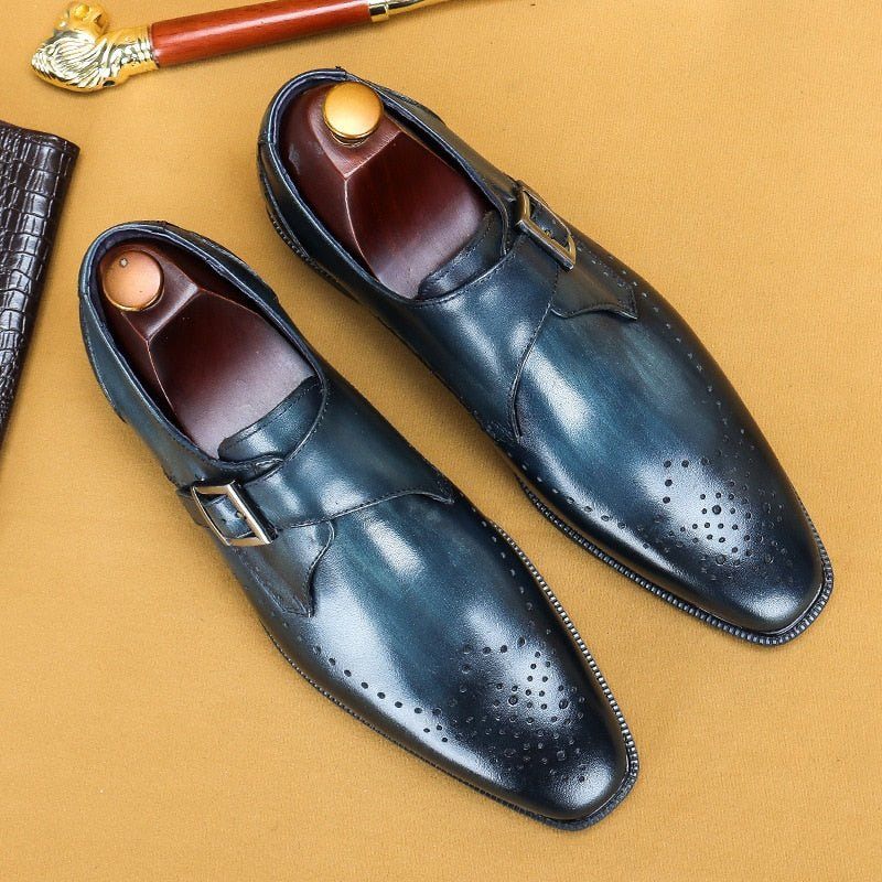 Sapatos Formais Masculinos Padrão Exótico Brogue Dedo Apontado - Azul