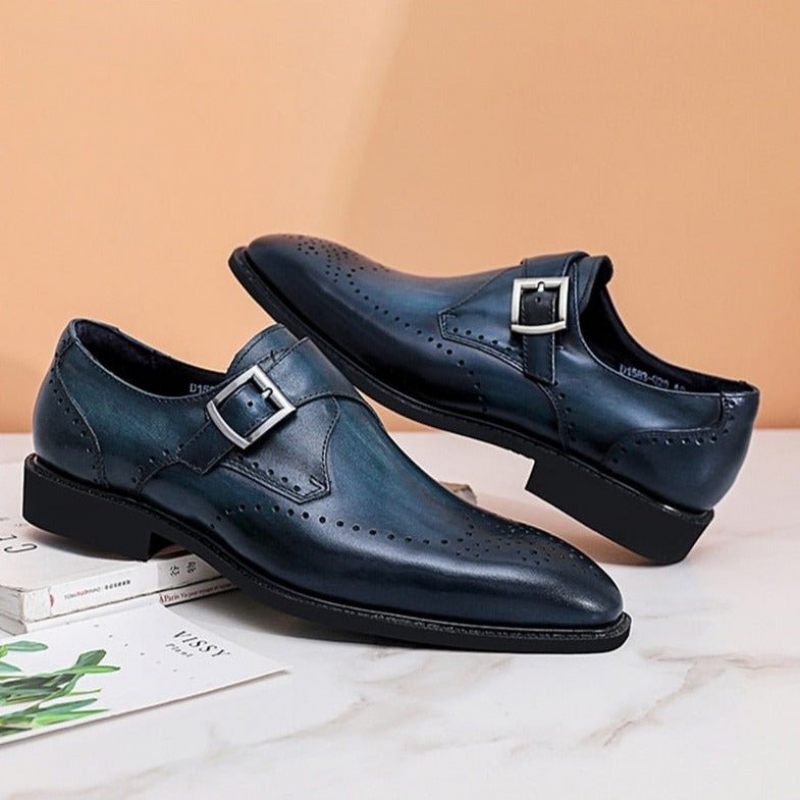 Sapatos Formais Masculinos Padrão Exótico Brogue Dedo Apontado - Azul