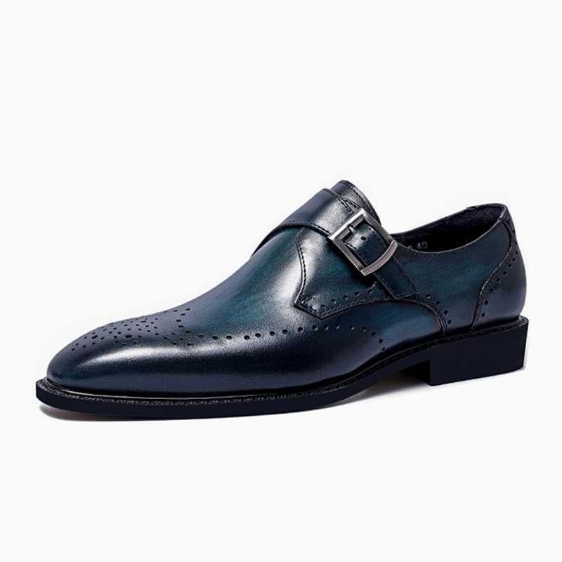 Sapatos Formais Masculinos Padrão Exótico Brogue Dedo Apontado - Azul