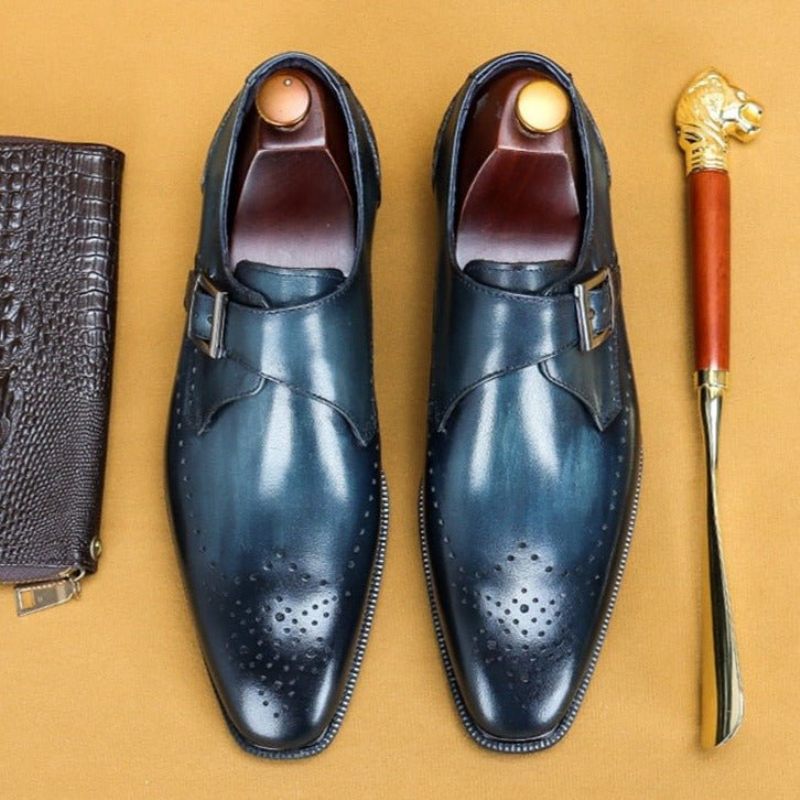 Sapatos Formais Masculinos Padrão Exótico Brogue Dedo Apontado - Azul