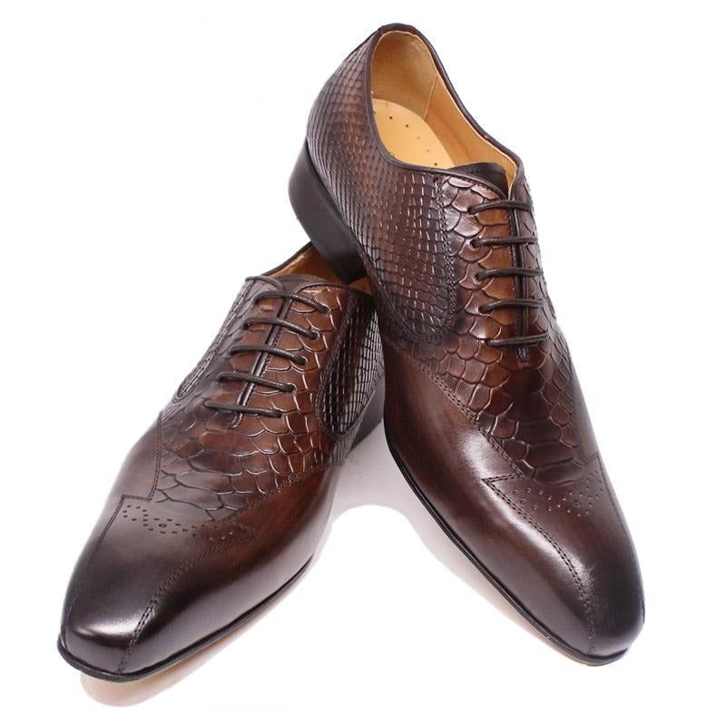 Sapatos Formais Masculinos Pele Cobra Elegância Com Cadarço Brogue - Café