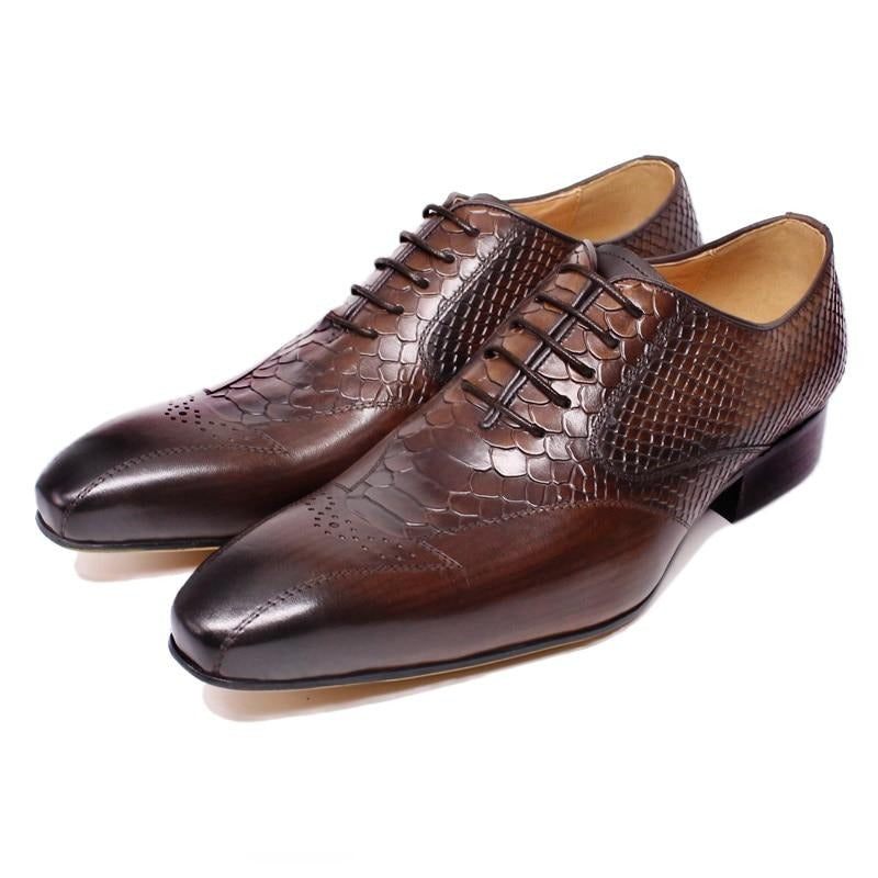 Sapatos Formais Masculinos Pele Cobra Elegância Com Cadarço Brogue - Café