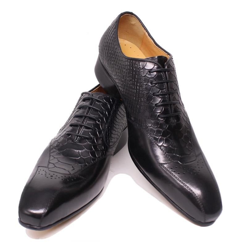 Sapatos Formais Masculinos Pele Cobra Elegância Com Cadarço Brogue - Preto