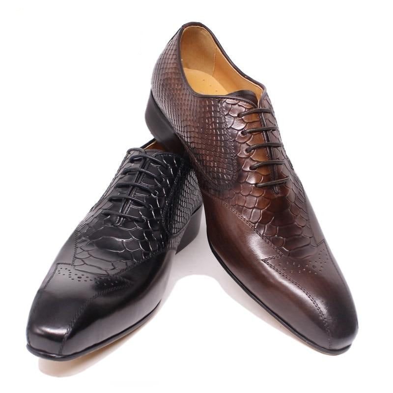 Sapatos Formais Masculinos Pele Cobra Elegância Com Cadarço Brogue - Preto