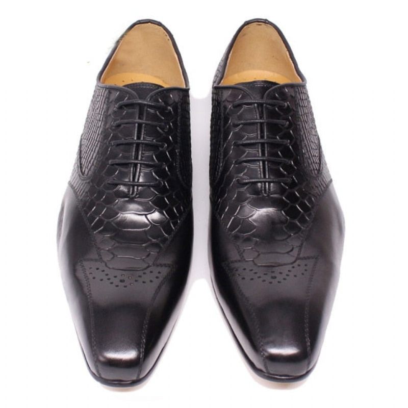 Sapatos Formais Masculinos Pele Cobra Elegância Com Cadarço Brogue - Preto