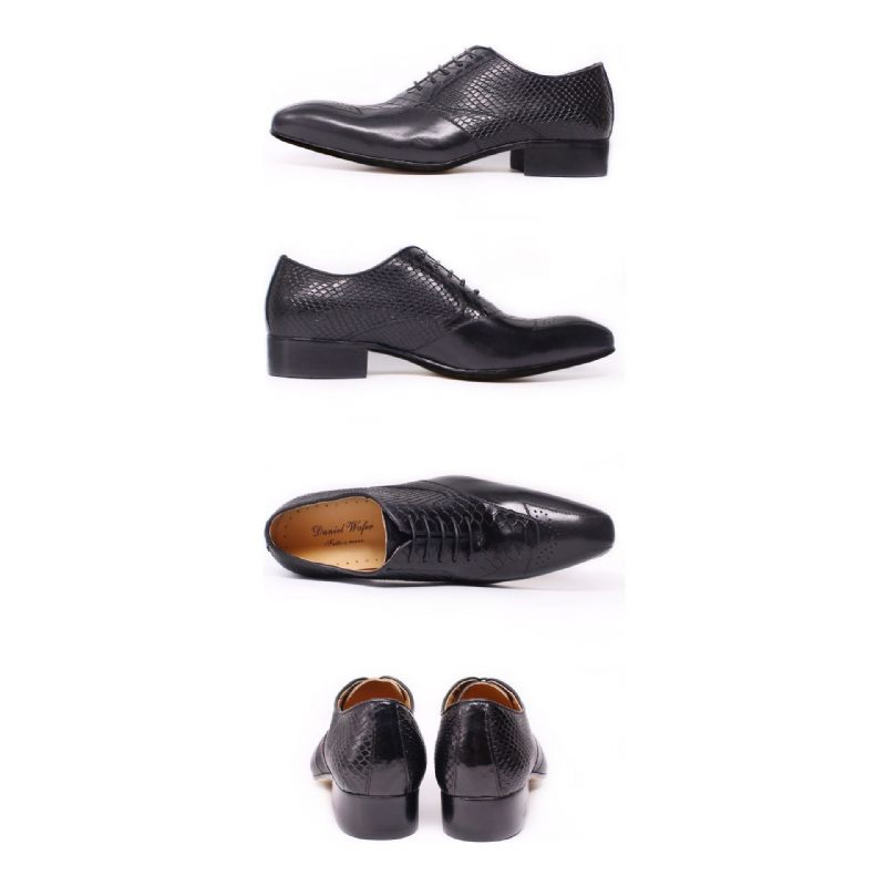 Sapatos Formais Masculinos Pele Cobra Elegância Com Cadarço Brogue - Preto