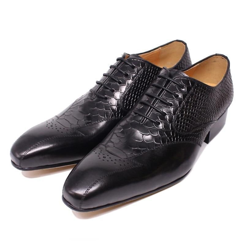 Sapatos Formais Masculinos Pele Cobra Elegância Com Cadarço Brogue - Preto