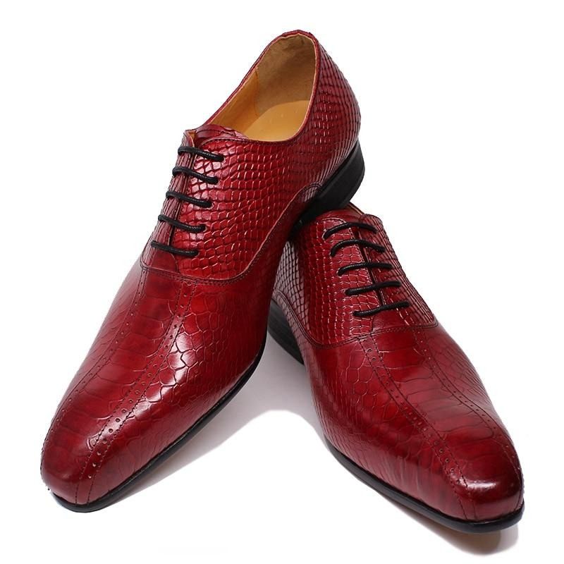 Sapatos Formais Masculinos Pele Cobra Elegância Feitos À Mão Bico Fino Oxford - Vermelho